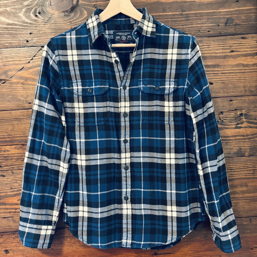 American Eagle Plaid Flannel Shirt Men S Blue Black 100% Cotton Lumberjack Cabin